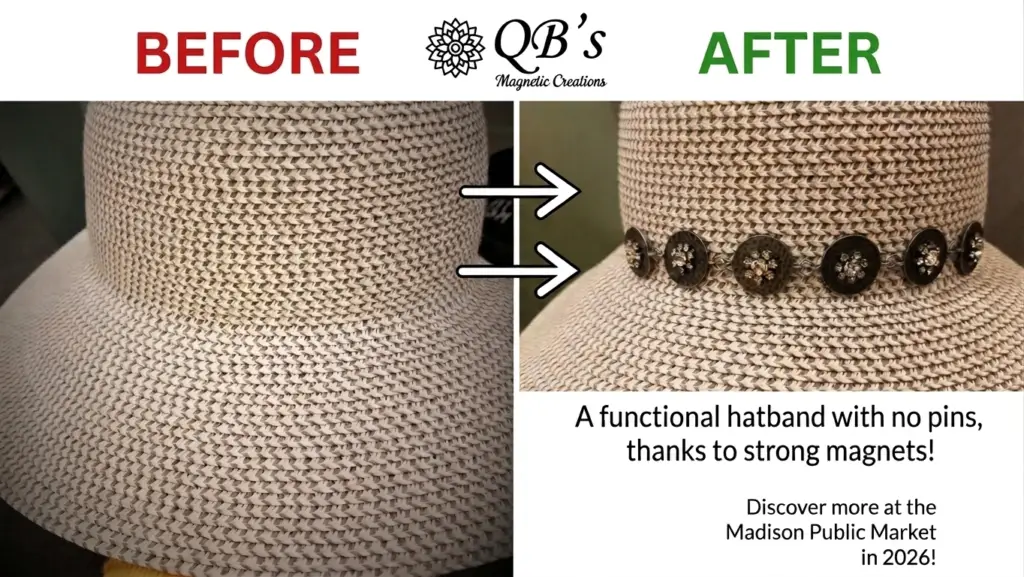 Before-and-after advertisement for QB's Magnetic Creations magnetic hatband, 'A functional hatband with no pins, thanks to strong magnets'