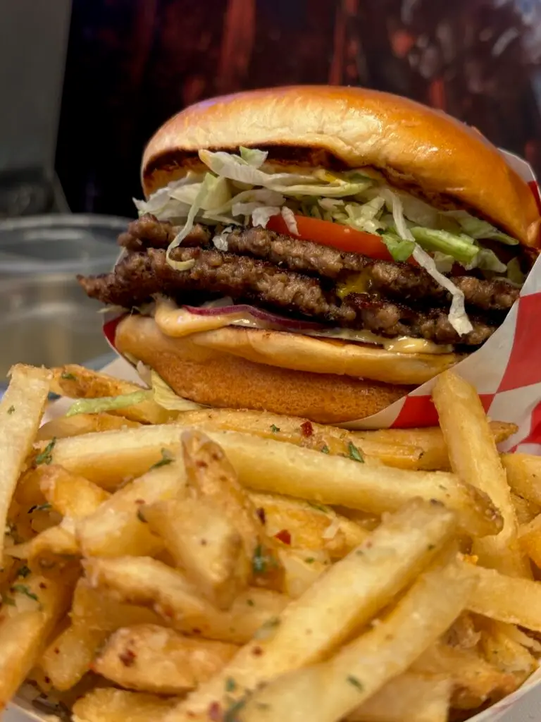 Cheeseburger and fries served on a plate