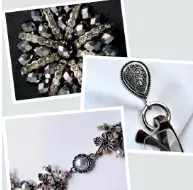 Collage of black and silver jewelry pieces including rings and pendants